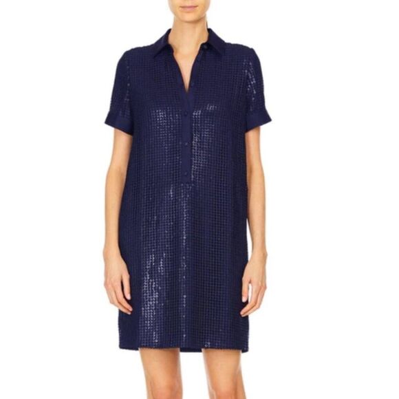 Blue Blue Sequin Button-Up Satin Trim Short Sleeves Collar Dress Size 4 - Picture 1 of 12